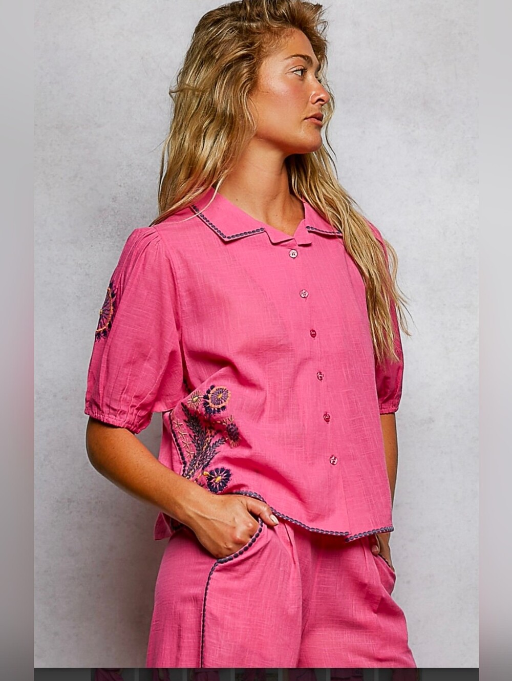 NEW!! 2 PC POL 100% Cotton Pink Wide-Leg Embroidered Pant Set, NWT - Picture 7 of 13